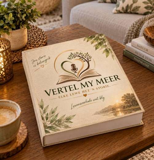 Die Vertel My Meer-vraagkaarte in hul boks op 'n koffietafel