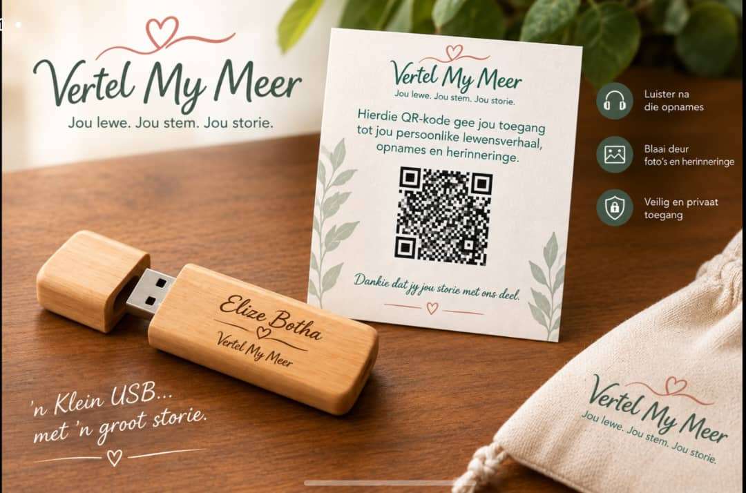 'n Houtgeheuestokkie, 'n QR-kaart en 'n linnesakkie van Vertel My Meer